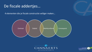 De fiscale addertjes…
Contract Stabiel Marktconform Consequent
4 elementen die je fiscale constructie veiliger maken…
 