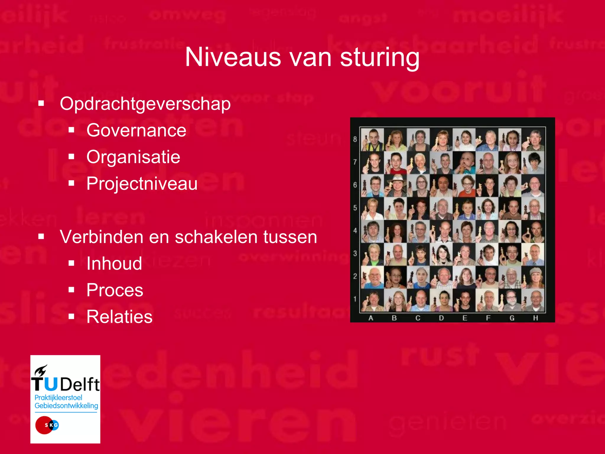 Niveaus van sturing
  Opdrachtgeverschap
     Governance
     Organisatie
     Projectniveau

  Verbinden en schakelen tussen
     Inhoud
     Proces
     Relaties




Motion Consult
 