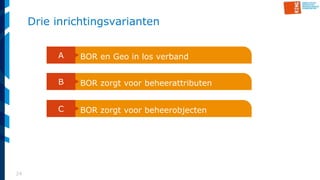 24
Drie inrichtingsvarianten
A BOR en Geo in los verband
B BOR zorgt voor beheerattributen
C BOR zorgt voor beheerobjecten
 
