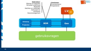 41
LV BGT
Geo
Afd.
Ontwer
p
Afd.
BOR
Gebruiken:
Plannen en begroten
Periodiek onderhoud
Realisatie
Klachten en meldingen
Schouwen en
monitoren
Risicomanagement
Inwinnen:
Inventariseren
Inspecteren
Ontwerp
Projecten
BOR
gebruiksvragen
 