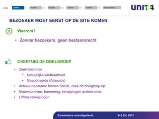 online    KOMEN         KIJKEN     KEUREN          KIEZEN       KOPEN   TERUGKOMEN




         BEZOEKER MOET EERST OP DE SITE KOMEN

     ?        Waarom?

           • Zonder bezoekers, geen bestaansrecht



              OVERTUIG DE DOELGROEP
          •   Zoekmachines
                  •   Natuurlijke vindbaarheid
                  •   Gesponsorde (Adwords)
          •   Actieve deelname binnen Social, zoek de doelgroep op
          •   Nieuwsbrieven, bannering, verwijzingen andere sites
          •   Offline verwijzingen




                                            E-commerce vooruitgedacht                24 | 05 | 2012
 