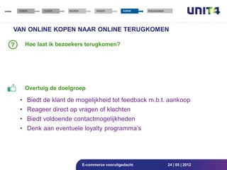 online    KOMEN    KIJKEN   KEUREN          KIEZEN       KOPEN   TERUGKOMEN




         VAN ONLINE KOPEN NAAR ONLINE TERUGKOMEN

     ?       Hoe laat ik bezoekers terugkomen?




             Overtuig de doelgroep

          • Biedt de klant de mogelijkheid tot feedback m.b.t. aankoop
          • Reageer direct op vragen of klachten
          • Biedt voldoende contactmogelijkheden
          • Denk aan eventuele loyalty programma’s




                                     E-commerce vooruitgedacht                24 | 05 | 2012
 