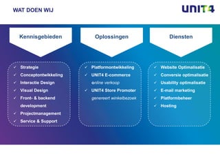 WAT DOEN WIJ



  Kennisgebieden            Oplossingen                    Diensten




 Strategie              Platformontwikkeling       Website Optimalisatie
 Conceptontwikkeling    UNIT4 E-commerce           Conversie optimalisatie
 Interactie Design        online verkoop            Usability optimalisatie
 Visual Design          UNIT4 Store Promoter       E-mail marketing
 Front- & backend         genereert winkelbezoek    Platformbeheer
   development                                       Hosting
 Projectmanagement
 Service & Support
 