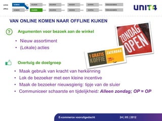 online     KOMEN    KIJKEN      KEUREN          KIEZEN       KOPEN   TERUGKOMEN

offline
           KOMEN    KIJKEN      KEUREN          KIEZEN       KOPEN   TERUGKOMEN




          VAN ONLINE KOMEN NAAR OFFLINE KIJKEN

      ?       Argumenten voor bezoek aan de winkel

            • Nieuw assortiment
            • (Lokale) acties


              Overtuig de doelgroep

           • Maak gebruik van kracht van herkenning
           • Lok de bezoeker met een kleine incentive
           • Maak de bezoeker nieuwsgierig: tipje van de sluier
           • Communiceer schaarste en tijdelijkheid: Alleen zondag; OP = OP




                                         E-commerce vooruitgedacht                24 | 05 | 2012
 