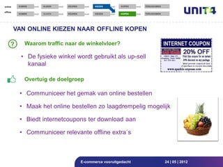 online     KOMEN    KIJKEN   KEUREN          KIEZEN       KOPEN   TERUGKOMEN

offline
           KOMEN    KIJKEN   KEUREN          KIEZEN       KOPEN   TERUGKOMEN




          VAN ONLINE KIEZEN NAAR OFFLINE KOPEN

      ?       Waarom traffic naar de winkelvloer?

            • De fysieke winkel wordt gebruikt als up-sell
              kanaal

              Overtuig de doelgroep

           • Communiceer het gemak van online bestellen

           • Maak het online bestellen zo laagdrempelig mogelijk

           • Biedt internetcoupons ter download aan

           • Communiceer relevante offline extra´s



                                      E-commerce vooruitgedacht                24 | 05 | 2012
 