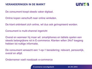 VERANDERINGEN IN DE MARKT

De consument koopt steeds vaker digitaal.

Online kopen verschuift naar online winkelen.

De klant oriënteert zich online, wil dus ook geïnspireerd worden.

Consument is multi-channel ingericht

Overal en wanneer hij maar wil: smartphones en tablets spelen een
steeds belangrijkere rol in E-commerce. Klanten willen 24x7 toegang
hebben tot nuttige informatie.

De consument verwacht een 1-op-1 benadering; relevant, persoonlijk,
overal en altijd.

Ondernemer voelt noodzaak e-commerce

                         E-commerce vooruitgedacht      24 | 05 | 2012
 