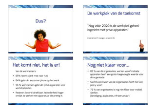 De werkplek van de toekomst
                       Dus?
                                                          “Nog vóór 2020 is de werkplek geheel
                                                          ingericht met privé-apparaten”

                                                          [meerderheid IT-managers verwacht dit]




                                                     49                                                              50




Het komt niet, het is er!                                 Nog niet klaar voor...
    Van de werknemers:                                    •   85 % van de organisaties: werken vanaf mobiele
                                                              apparaten heeft een grote toegevoegde waarde voor
•   85% neemt werk mee naar huis
                                                              de organisatie
•   84% gebruikt een smartphone op het werk
                                                          •   Slechts een kwart van de organisaties heeft hier een
•   96 % werknemers gebruikt privé-apparaten voor             policy voor!
    werkdoeleinden
                                                          •   71 % van organisaties is nog niet klaar voor mobiel
•   Redenen: betere bereikbaar, tevredenheid hoger            werken.
    omdat ze werken met apparatuur die prettig is             (beveiliging, applicaties, infrastructuur)


                                                     51                                                              52
 