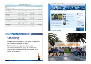 Omkering
Ooit was het bedrijfsleven de trendsetter bij de adoptie
van nieuwe technologieën (pc, gsm).

Nu is het helemaal omgekeerd: chat, sociale
                                                                SOCIAL NETWORKS
netwerken, smartphones, apps – ze werden eerst
omarmd door consumenten, het bedrijfsleven volgt
steeds op een afstand.




                                                           19
 