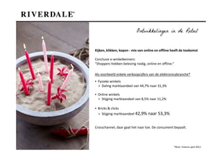 Ontwikkelingen in de Retail


Kijken, klikken, kopen - mix van online en offline heeft de toekomst

Conclusie e-winkelkenners:
"Shoppers hebben beleving nodig, online en offline.“

Als voorbeeld enkele verkoopcijfers van de elektronicabranche*
▪ Fysieke winkels
  > Daling marktaandeel van 44,7% naar 31,3%

▪ Online winkels
  > Stijging marktaandeel van 8,5% naar 11,2%

▪ Bricks & clicks
  > Stijging marktaandeel 42,9% naar 53,3%


Crosschannel, daar gaat het naar toe. De consument bepaalt.




                                                       *Bron: Emerce april 2011
 