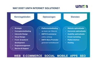 WAT DOET UNIT4 INTERNET SOLUTIONS?


 Kennisgebieden         Oplossingen                 Diensten




 Strategie             Platformontwikkeling     Website optimalisatie
 Conceptontwikkeling   op basis van Sitecore    Conversie optimalisatie
 Interactie Design     UNIT4 E-commerce         Usability optimalisatie
 Visual Design         online verkoop           E-mail marketing
 Front- & backend      UNIT4 Store Promoter     Platformbeheer
 development           genereert winkelbezoek   Hosting
 Projectmanagement
 Service & Support



 WEB E-COMMERCE SOCIAL MOBILE APPS SEO
 