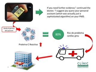 Proteina-C Reactiva
Amb el permís
del pacient
8
If you need further evidence,” continued the
doctor; “I suggest you query your personal
assistant (which was actually just a
sophisticated algorithm) on your PMD.
80%
Risc de problema
cardíac greu
 