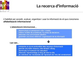 La recerca d’informació


L’habilitat per accedir, avaluar, organitzar i usar la informació és el que s’anomena
alfabetització informacional
 