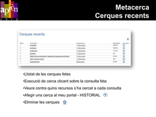 Metacerca
                                          Cerques recents




•Llistat de les cerques fetes
•Execució de cerca clicant sobre la consulta feta
•Veure contra quins recursos s’ha cercat a cada consulta
•Afegir una cerca al meu portal - HISTORIAL
•Eliminar les cerques
 