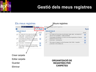 Gestió dels meus registres


                        Moure registres




Crear carpeta
Editar carpeta
                       ORGANITZACIÓ DE
Guardar                 REGISTRES PER
                          CARPETES
Eliminar
 