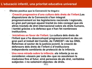 L’educació infantil, una prioritat educativa universal Efectes positius que la Convenció ha tingut:c Creació progressiva d’una cultura dels drets de l’infant .Les disposicions de la Convenció s’han integrat progressivament en les legislacions nacionals i regionals, en gran part perquè aquest tractat és més conegut que els altres tractats de dret internacional sobre els drets humans, i també gràcies a la defensa que n’han fet nombroses institucions.  Iniciatives en favor de l’infant.  La cultura dels drets de l’Infant que s’ha desenvolupat progressivament es deu en gran part al treball del Comitè, de l’UNICEF i de les ONG. Reformes al sector de la justícia juvenil, la creació de defensors dels drets de l’infant o d’institucions independents semblants de protecció de la infància.  Una nova mirada sobre la infància.  els infants ja no es consideren «éssers per sota de» que no assoleixen la maduresa fins al futur, sinó persones de ple dret, veritables subjectes -i no solament objectes- de drets. 