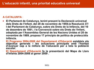 L’educació infantil, una prioritat educativa universal A CATALUNYA  : El Parlament de Catalunya, tenint present la Declaració universal dels Drets de l’Infant, del 20 de novembre de 1959,la Resolució 37/I del Parlament de Catalunya, sobre els Drets de la Infància, del 10 de desembre de 1981, i la Convenció sobre els Drets de l’Infant, adoptada per l’Assemblea General de les Nacions Unides el 20 de novembre de 1989, proposa 17 principis de política de proteccióla infància. El Programa 2004-2008 del Departament d’Educació  estableix els objectius generals i les actuacions principals amb l’horitzó d’avançar cap a la millora de l’educació per a tota la població escolar. El Departament d’Educació  fa la presentació del Mapa de Llars d’Infants 2004-2008 al gener 2009 . 