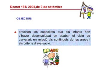 Decret 181/ 2008,de 9 de setembre   OBJECTIUS precisen les capacitats que els infants han d’haver desenvolupat en acabar el cicle de parvulari, en relació als continguts de les àrees i els criteris d’avaluació.  