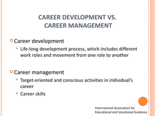 CAREER DEVELOPMENT VS.  CAREER MANAGEMENT Career development Life-long development process, which includes different work roles and movement from one role to another Career management  Target-oriented and conscious activities in individual’s career Career skills International Association for  Educational and Vocational Guidance 