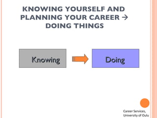 KNOWING YOURSELF AND  PLANNING YOUR CAREER    DOING THINGS Knowing  Doing Career Services,  University of Oulu 