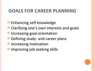 GOALS FOR CAREER PLANNING  Enhancing self-knowledge Clarifying one’s own interests and goals Increasing goal-orientation Defining study- and career plans Increasing motivation Improving job seeking skills  