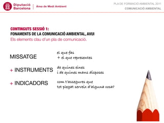 PLA DE FORMACIÓ AMBIENTAL 2011
                                                             COMUNICACIÓ AMBIENTAL




CONTINGUTS SESSIÓ 1:
FONAMENTS DE LA COMUNICACIÓ AMBIENTAL, AVUI
Els elements clau d’un pla de comunicació.


                       el que fas
MISSATGE               + el que representes

                       de quines eines
+ INSTRUMENTS          i de quines mans disposes

                       com t’assegures que
+ INDICADORS
                       tot plegat serveix d’alguna cosa?
 
