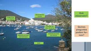 Roser Canals
POBLE DE
LA COSTA
MAR
MUNTANYES
I BOSC
EMBARCACIONS
DE PESCA
EMBARCACIONS
ESPORTIVES
TURISME DE
SOL I PLATJA
Què
observem?
Quines
preguntes
podem fer-
nos?
 