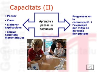 Capacitats (II) Pensar Crear  Elaborar  explicacions Iniciar habilitats matemàtiques  Progressar en la comunicació  i l’expressió per mitjà de diversos llenguatges Aprendre a  pensar i a comunicar 