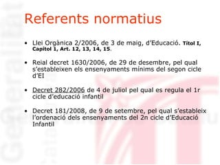 Referents normatius Llei Orgànica 2/2006 , de 3 de maig, d’Educació.  Títol I, Capítol 1, Art. 12, 13, 14, 15 . Reial decret 1630/2006 , de 29 de desembre, pel qual s’estableixen els ensenyaments mínims del segon cicle d’EI Decret 282/2006  de 4 de juliol pel qual es regula el 1r cicle d’educació infantil Decret 181/2008 , de 9 de setembre, pel qual s’estableix l’ordenació dels ensenyaments del 2n cicle d’Educació Infantil 