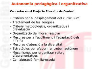 Autonomia pedagògica i organitzativa Concretar en el Projecte Educatiu de Centre : - Criteris per al desplegament del currículum - Tractament de les llengües - Criteris metodològics, organitzatius i d’avaluació - Organització de l’horari escolar - Mesures per a l’acolliment i l’adaptació dels infants - Mesures d’atenció a la diversitat - Estratègies per afavorir el treball autònom - Mecanismes per organitzar reforç d’aprenentatges - Col·laboració família-escola 