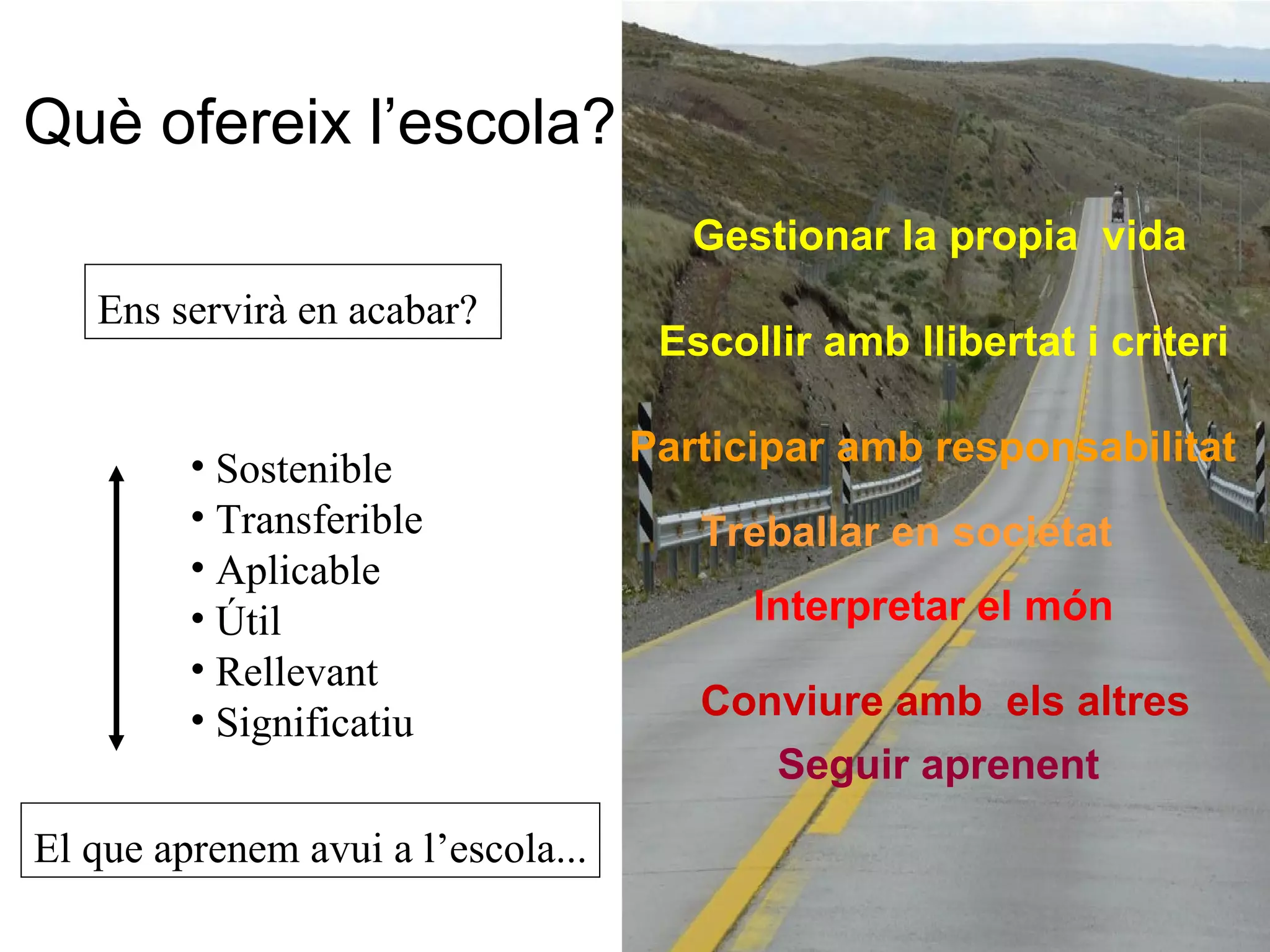 Què ofereix l’escola? El que aprenem avui a l’escola... Ens servirà en acabar?  Sostenible Transferible Aplicable Útil Rellevant Significatiu Seguir aprenent Interpretar el món Conviure amb  els altres Participar amb responsabilitat Escollir amb llibertat i criteri Gestionar la propia  vida Treballar en societat 