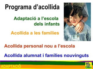 ADAPTACIÓ Programa d’acollida Adaptació a l’escola  dels infants Acollida a les famílies Acollida personal nou a l’escola Acollida alumnat i famílies nouvinguts 