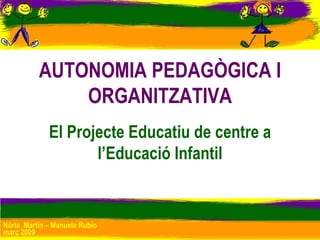 AUTONOMIA PEDAGÒGICA I ORGANITZATIVA El Projecte Educatiu de centre a l’Educació Infantil Núria  Martín – Manuela Rubio març 2009 