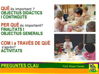 QUÈ   és important ? OBJECTIUS DIDÀCTICS  I CONTINGUTS   PER QUÈ   és important?   FINALITATS I  OBJECTIUS GENERALS   COM i a TRAVÉS DE QUÈ s’aprèn?  ACTIVITATS PREGUNTES CLAU Font: Roser Canals 