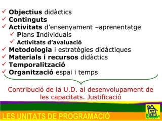 Objectius  didàctics Continguts Activitats  d’ensenyament –aprenentatge P lans  I ndividuals Activitats d’avaluació Metodologia  i estratègies didàctiques Materials i recursos  didàctics Temporalització Organització  espai i temps LES UNITATS DE PROGRAMACIÓ Contribució de la U.D. al desenvolupament de les capacitats. Justificació 
