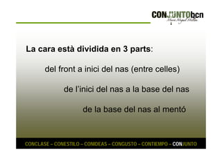 La cara està dividida en 3 parts: 
del front a inici del nas (entre celles) 
de l’inici del nas a la base del nas 
de la base del nas al mentó 
CONCLASE – CONESTILO – CONIDEAS – CONGUSTO – CONTIEMPO – CONJUNTO 
 