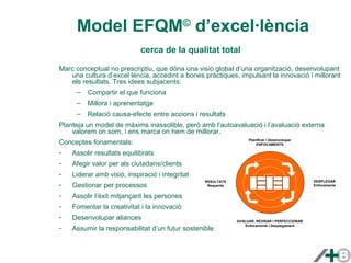 Model EFQM© d’excel·lència 
cerca de la qualitat total 
Marc conceptual no prescriptiu, que dóna una visió global d’una organització, desenvolupant 
una cultura d’excel·lència, accedint a bones pràctiques, impulsant la innovació i millorant 
els resultats. Tres idees subjacents: 
– Compartir el que funciona 
– Millora i aprenentatge 
– Relació causa-efecte entre accions i resultats 
Planteja un model de màxims inassolible, però amb l’autoavaluació i l’avaluació externa 
valorem on som, i ens marca on hem de millorar. 
Conceptes fonamentals: 
- Assolir resultats equilibrats 
- Afegir valor per als ciutadans/clients 
- Liderar amb visió, inspiració i integritat 
- Gestionar per processos 
- Assolir l’èxit mitjançant les persones 
- Fomentar la creativitat i la innovació 
- Desenvolupar aliances 
- Assumir la responsabilitat d’un futur sostenible 
Planificar i Desenvolupar 
ENFOCAMENTS 
DESPLEGAR 
Enfocaments 
AVALUAR, REVISAR I PERFECCIONAR 
Enfocaments i Desplegament 
RESULTATS 
Requerits 
 