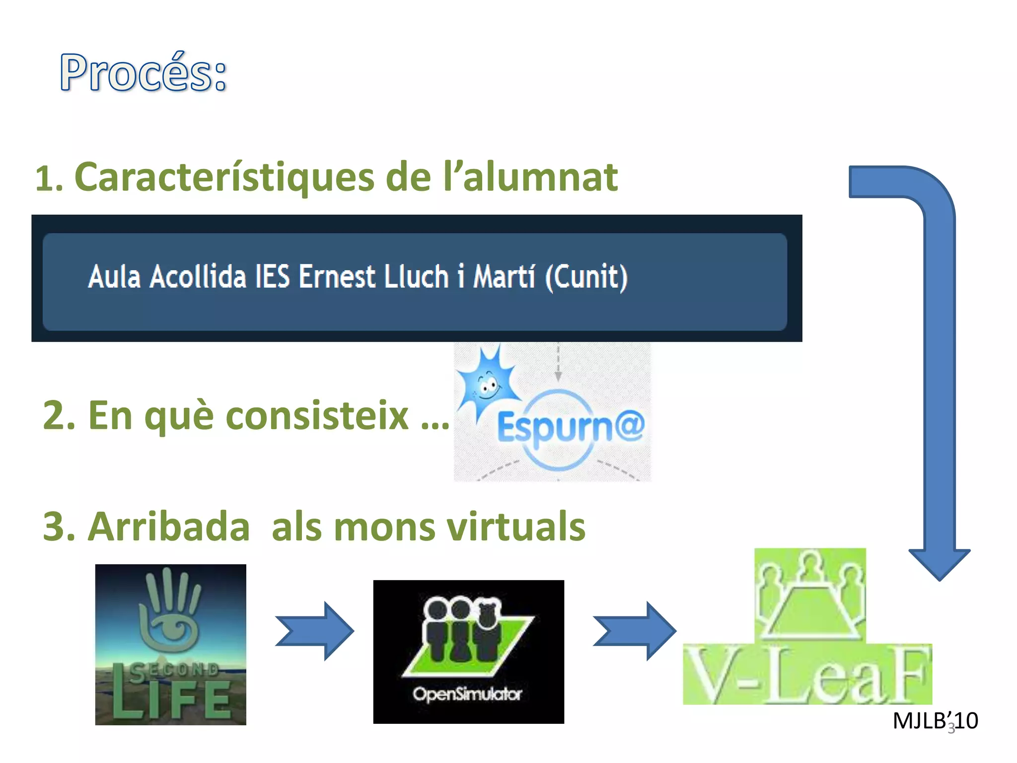 MJLB’10
1. Característiques de l’alumnat
2. En què consisteix …
3. Arribada als mons virtuals
3
 
