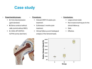 Case study
o Experimental groups:
 A: Core decompression
(gold standard)
 B: Bone construct without
cells (control without MSC)
 C: XCEL-MT-OSTEO-
ALPHA (ovine) (test item)
o Procedures:
 Induced ONFH 6 weeks pre-
treatment.
 Euthanasia 3 months post-
treatment.
 Clinical follow-up and histological
analysis of the femoral heads.
o Conclusions:
 Large animal model.
 Non-invasive techniques for the
clinical follow-up.
 Safe.
 Effective.
 