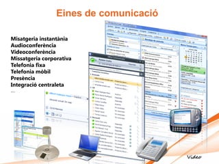 Eines de comunicació

Misatgeria instantània
Audioconferència
Videoconferència
Missatgeria corporativa
Telefonia fixa
Telefonia mòbil
Presència
Integració centraleta
...




                                        Video
 