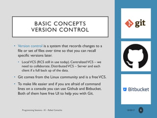 BASIC CONCEPTS
VERSION CONTROL
• Version control is a system that records changes to a
file or set of files over time so that you can recall
specific versions later.
• LocalVCS (RCS still in use today). CentralizedVCS – we
need to collaborate. DistributedVCS – Server and each
client if a full back up of the data.
• Git comes from the Linux community and is a freeVCS.
• To make life easier and if you are afraid of command
lines on a console you can use Github and Bitbucket.
Both of them have free UI to help you with Git.
6
 