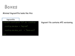 Boxes
Vagrantfile
Vagrant.configure "2" do |config|
config.vm.box = “my-vm"
config.vm.box_url = “box-url"
end
Minimal Vagrantfile looks like this
Vagrant file contains API versioning.
 