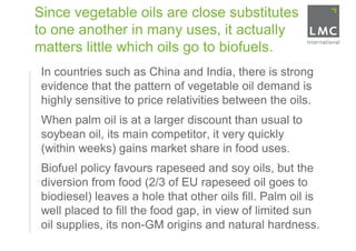 Since vegetable oils are close substitutes
     to one another in many uses, it actually
     matters little which oils go to biofuels.
1.    In countries such as China and India, there is strong
      evidence that the pattern of vegetable oil demand is
      highly sensitive to price relativities between the oils.
2.    When palm oil is at a larger discount than usual to
      soybean oil, its main competitor, it very quickly
      (within weeks) gains market share in food uses.
3.    Biofuel policy favours rapeseed and soy oils, but the
      diversion from food (2/3 of EU rapeseed oil goes to
      biodiesel) leaves a hole that other oils fill. Palm oil is
      well placed to fill the food gap, in view of limited sun
      oil supplies, its non-GM origins and natural hardness.
 