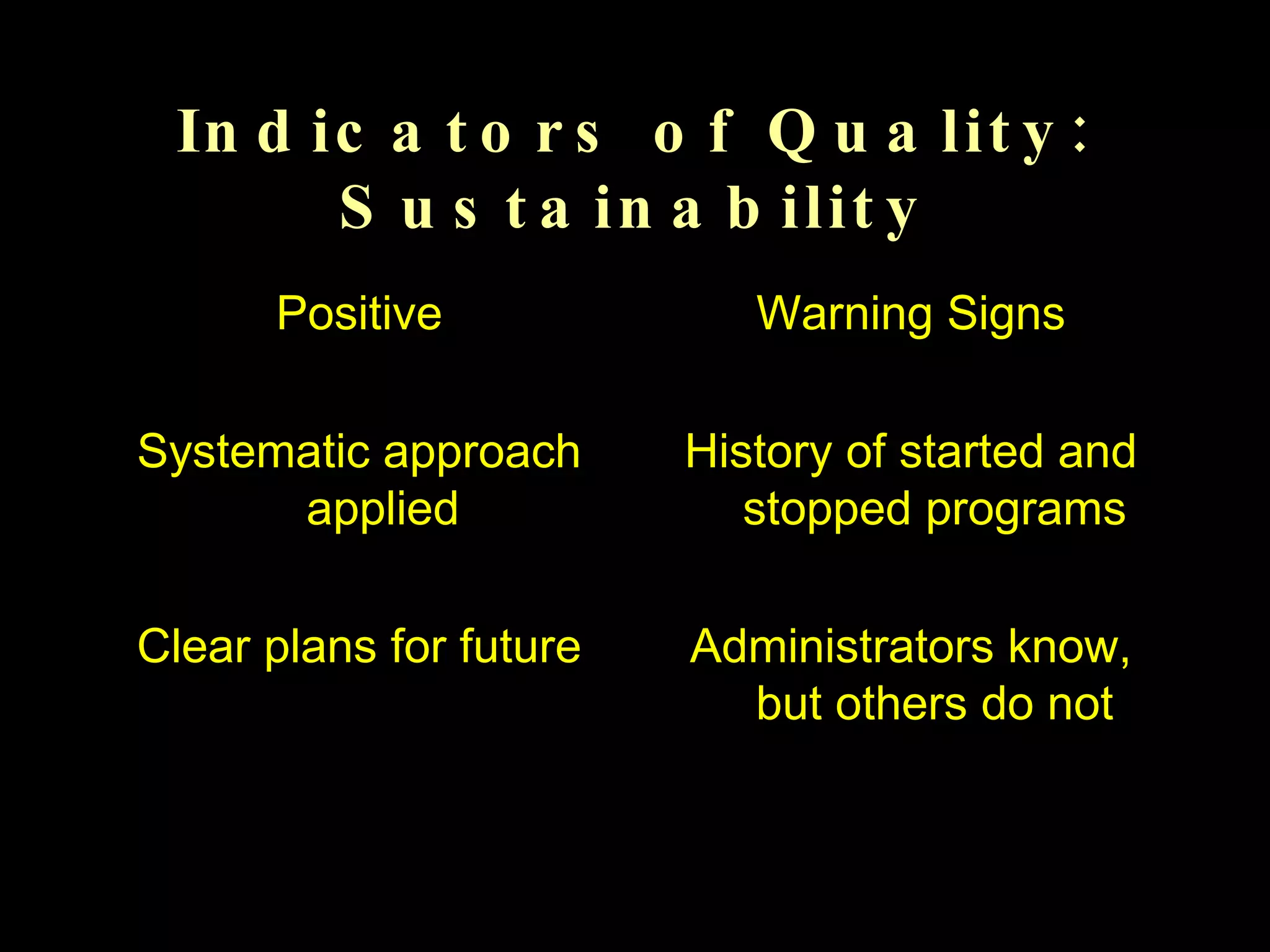 Indicators of Quality: Sustainability Positive Systematic approach applied Clear plans for future Warning Signs History of started and stopped programs Administrators know, but others do not 