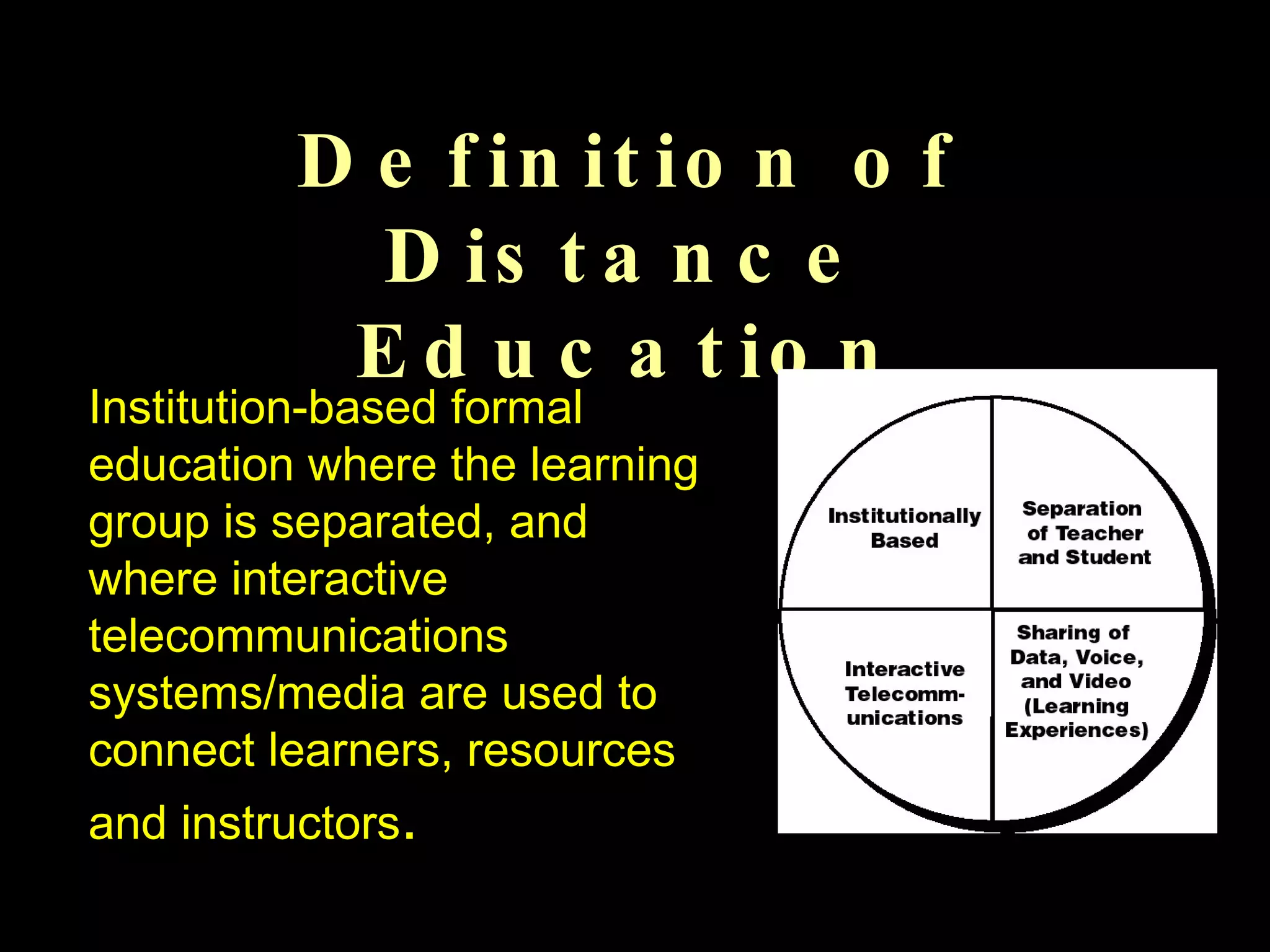 Definition of Distance Education Institution-based formal education where the learning group is separated, and where interactive telecommunications systems/media are used to connect learners, resources and instructors . 