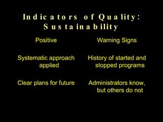 Indicators of Quality: Sustainability Positive Systematic approach applied Clear plans for future Warning Signs History of started and stopped programs Administrators know, but others do not 