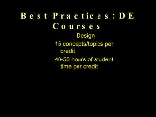 Best Practices: DE Courses Design 15 concepts/topics per credit 40-50 hours of student time per credit 