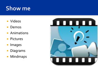    Videos
   Demos
   Animations
   Pictures
   Images
   Diagrams
   Mindmaps
 