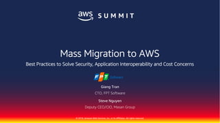 © 2018, Amazon Web Services, Inc. or its Affiliates. All rights reserved.
Giang Tran
CTO, FPT Software
Steve Nguyen
Deputy CEO/CIO, Masan Group
Mass Migration to AWS
Best Practices to Solve Security, Application Interoperability and Cost Concerns
 