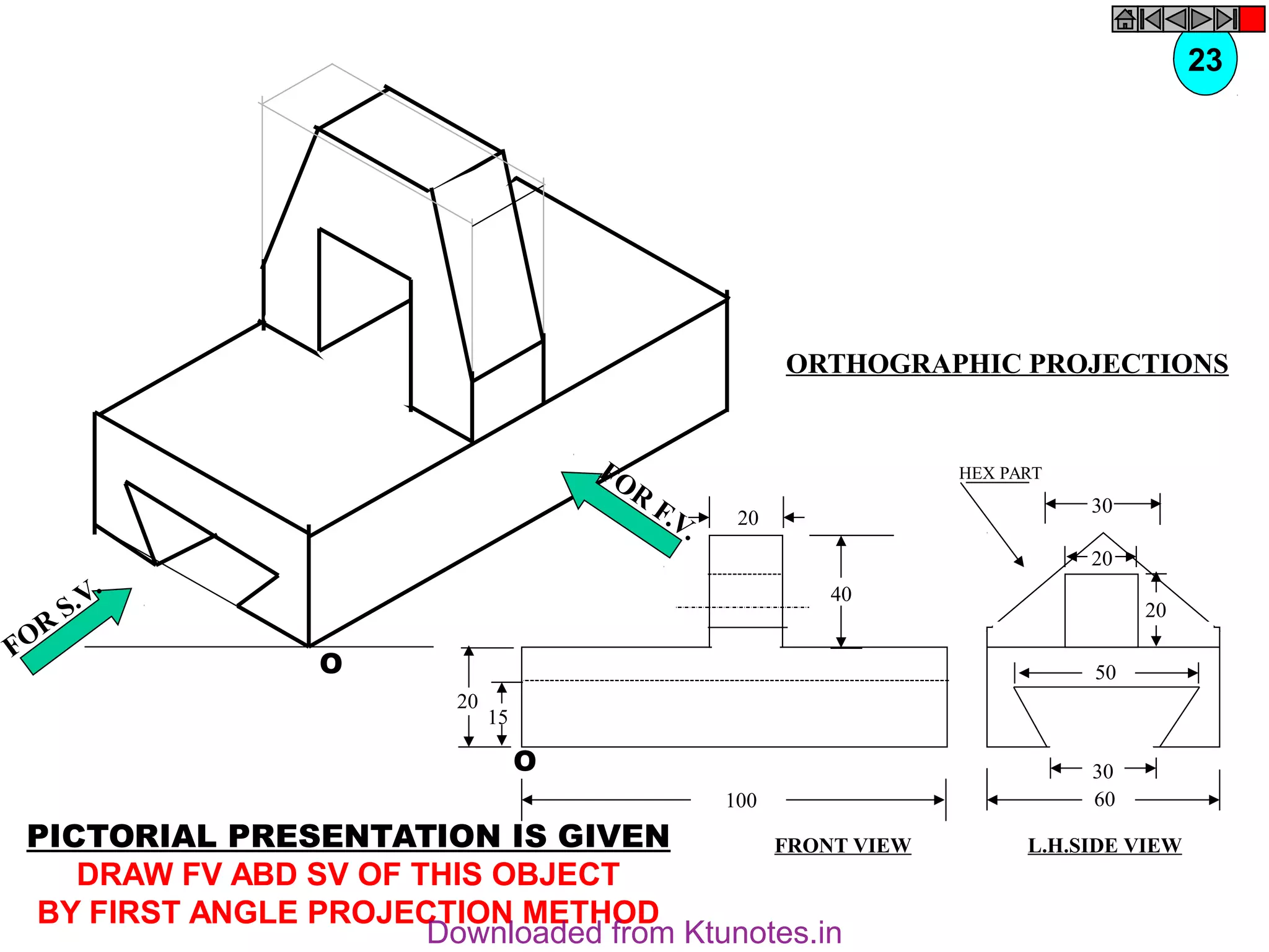 O
O
20
20
15
40
100
30
60
30
20
20
50
HEX PART
FOR
S.V.
FOR
F.V.
PICTORIAL PRESENTATION IS GIVEN
DRAW FV ABD SV OF THIS OBJECT
BY FIRST ANGLE PROJECTION METHOD
23
ORTHOGRAPHIC PROJECTIONS
FRONT VIEW L.H.SIDE VIEW
Downloaded from Ktunotes.in
 