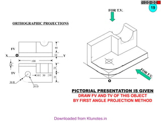 X Y
FV
O
40
10
10
TV
25
25
30 R
100
10
30
10
20 D
FOR
F.V.
O
PICTORIAL PRESENTATION IS GIVEN
DRAW FV AND TV OF THIS OBJECT
BY FIRST ANGLE PROJECTION METHOD
19
ORTHOGRAPHIC PROJECTIONS
FOR T.V.
Downloaded from Ktunotes.in
 